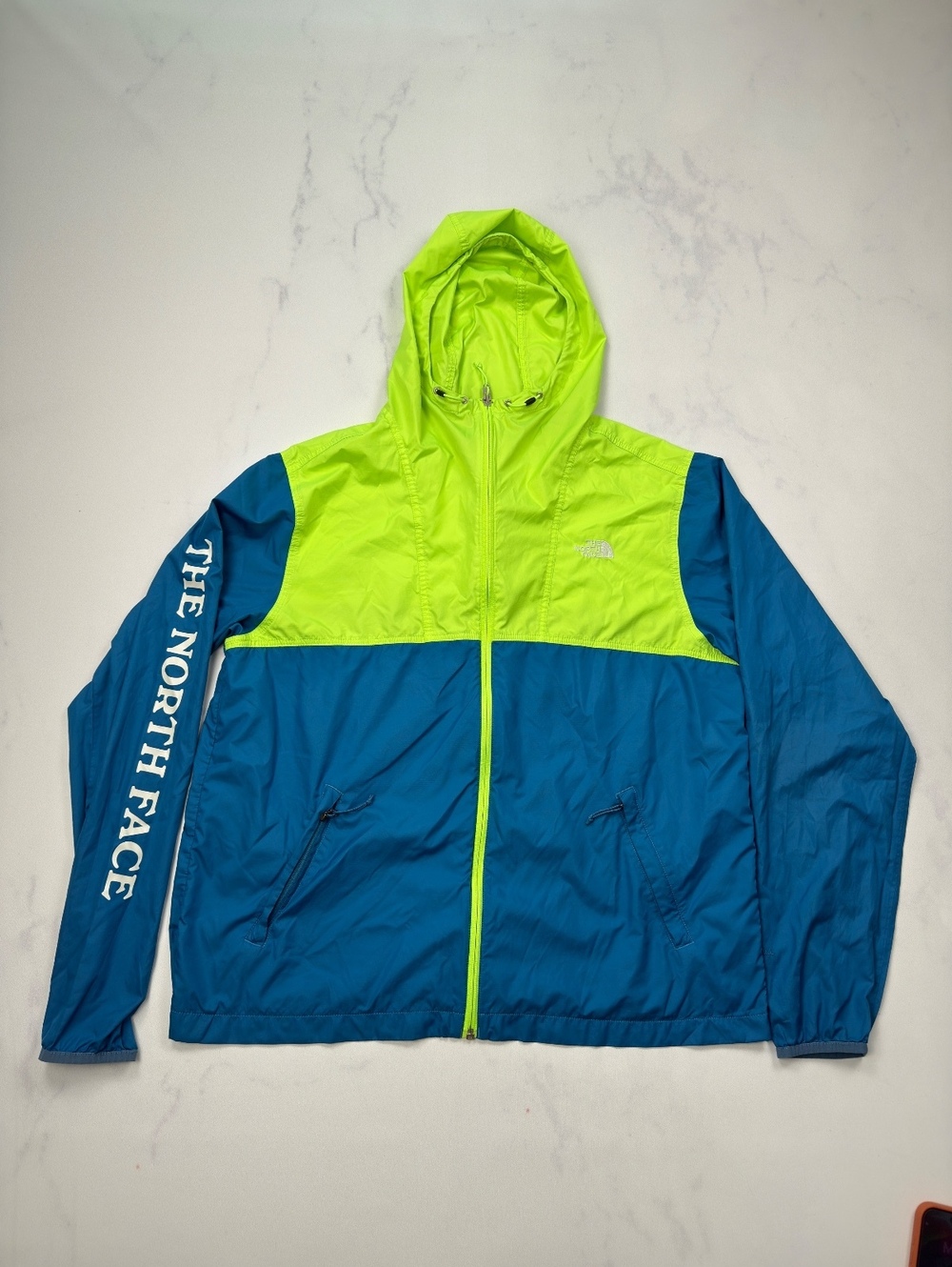 The North Face Windbreaker Jacket Blue Lime Hooded - Mens Large